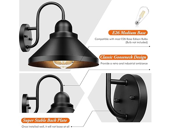 Brightever Gooseneck Outdoor Wall Sconces, 2-Pack