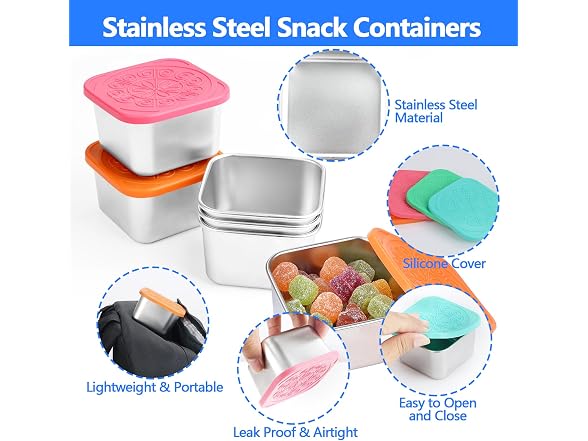 EKACO 6 Pack 180ml/6oz Stainless Steel Snack Containers 