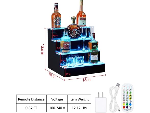 16'' LED Lighted Liquor Bottle Shelf, 4 Tier 