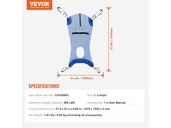 VEVOR Full Body Patient Lift Sling & Commode Opening