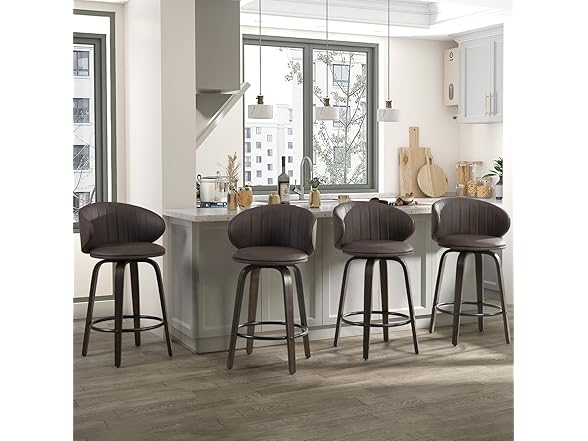 Modern Bar Stools Set of 2 Mid Century Bentwood Barstools Swivel Faux Leather Stools with Back for Kitchen Counter Restaurant, Brown (Open Box)