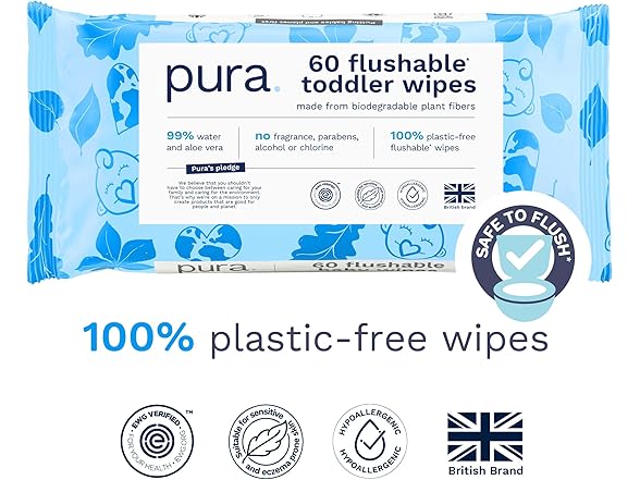 Pura Flushable Toddler Wipes 1 x 60 Wipes