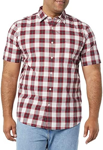 Amazon Essentials Men's Slim-Fit Short-Sleeve Poplin Shirt, Red Checked, X-Large