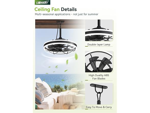 LEDIARY Black 20" Outdoor Ceiling Fan with Lights