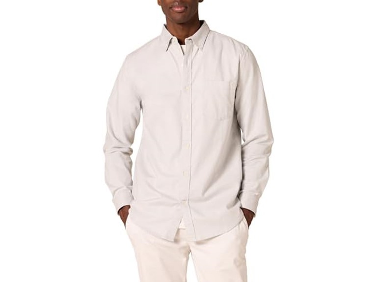 Amazon Essentials Men's Slim-Fit Long-Sleeve Stretch Oxford Shirt with Pocket, Light Grey, Large