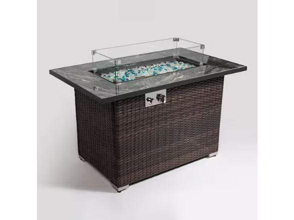 44" Rattan Fire Table w/ Ceramic Top + Cover