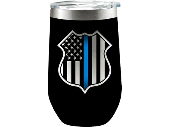 Spoontiques Police Etched Stainless Steel Tumbler - Insulated Wine Tumbler with Lid - Double Wall Stainless Steel Stemless Wine Glass - 16oz - 5 5/8" Tall