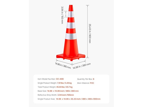 VEVOR Safety Cones, 6 x 36