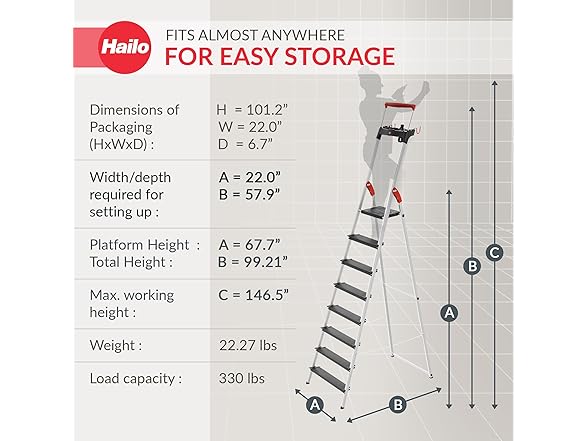 Hailo Folding L100 Step Ladder, Non-Slip, 8 Step