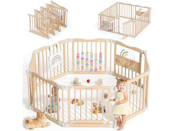 Foldable Wooden Playpen - Adjustable Wood Baby Play Yard with Child-Proof Lock, Indoor Large Safety Fence for Babies and Toddlers - Easy Assembly, 55 x 55 x 24 inches, Rainbow Dream, Natural (Open Box)