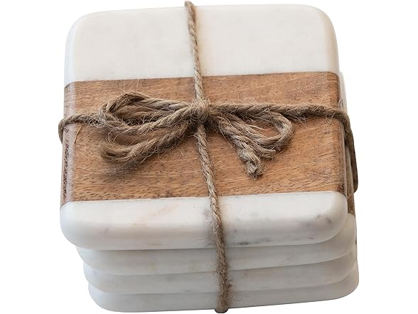 Marble & Acacia Wood Coasters, Set of 4