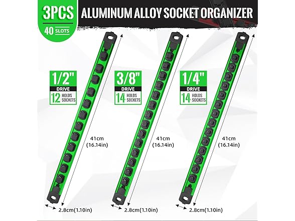 3 Piece Magnetic Socket Organizer, Green