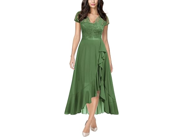 Miusol Women (M) V Neck Elegant Lace Ruffle Dress