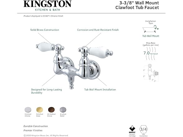 Kingston CC33T5 3-3/8-Inch Wall Mount Tub Faucet
