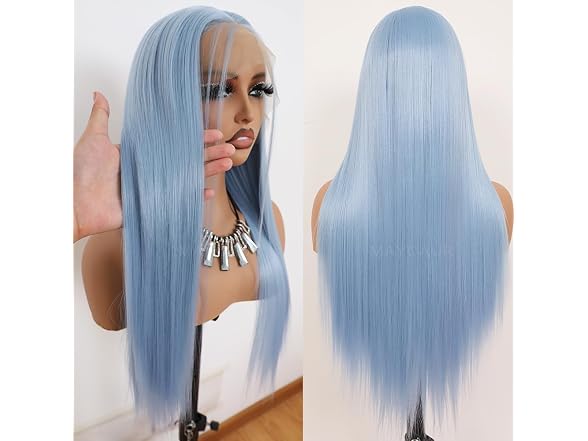 Maycaur Ice Blue Lace Front Wigs Long Straight