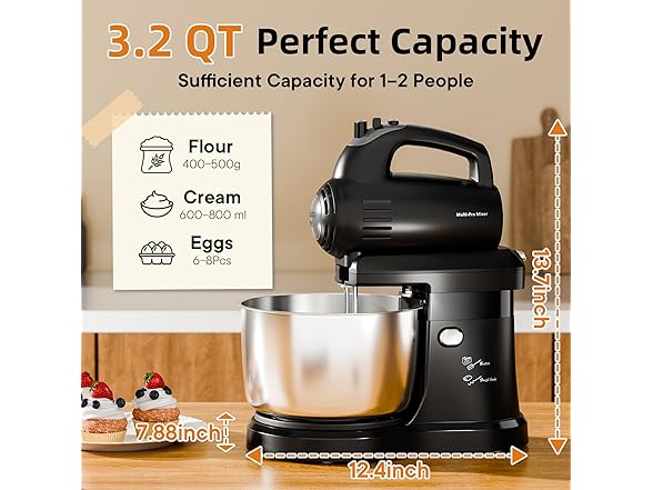 Stand Mixer Electric Kitchen Mixer, 3.2 QT Auto-Rotating Bowl & Beater Tilt-Head 2-IN-1 Standing Hand Mixer, 250 Watt 5-Speed with Turbo Boost Household Mixer with Beaters & Dough Hooks for Baking (Open Box)