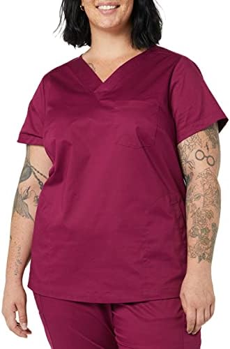 Amazon Essentials Women's Classic Fit V-Neck Short Sleeve Scrub Top, Plum, Small