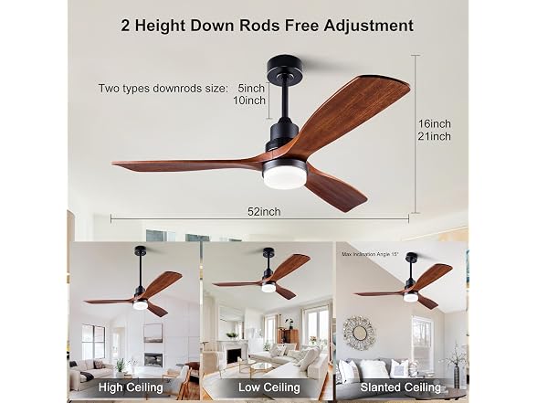 XBIBI 52" Wood Ceiling Fan w/ Light & Remote