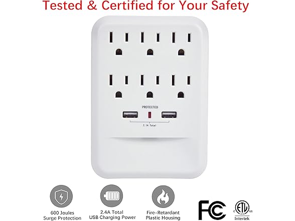 Clear Power 6-Outlet 600 Joule Wall-tap w/2-port USB-A Charger & Nightlight
