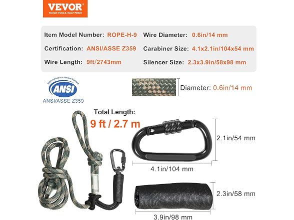 VEVOR Tree Stand Safety Rope, 9 ft/2.7
