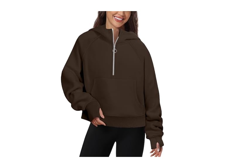 FKEEP Womens Half Zip Hoodies Quarter Zipper Up Cropped Sweatshirt Long Sleeve Athletic Pullover Tops with Thumb Hole(Coffeegrey,Small)