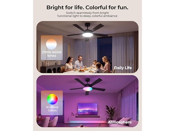 RGBCW Smart 52" 2600LM LED Ceiling Fan Light with Remote