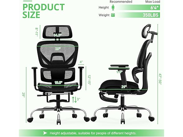 Synorla Ergonomic Office Chair with Footrest, Mesh Desk Chair with 135° Recline, Adjustable Lumbar Support, 3D Armrests and Headrest, Swivel Computer Chair for Home Office (Open Box)