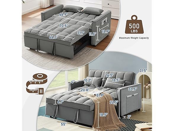 SumKea 55'' 3-in-1 Futon 2-Seater Loveseat Pull Out Couch