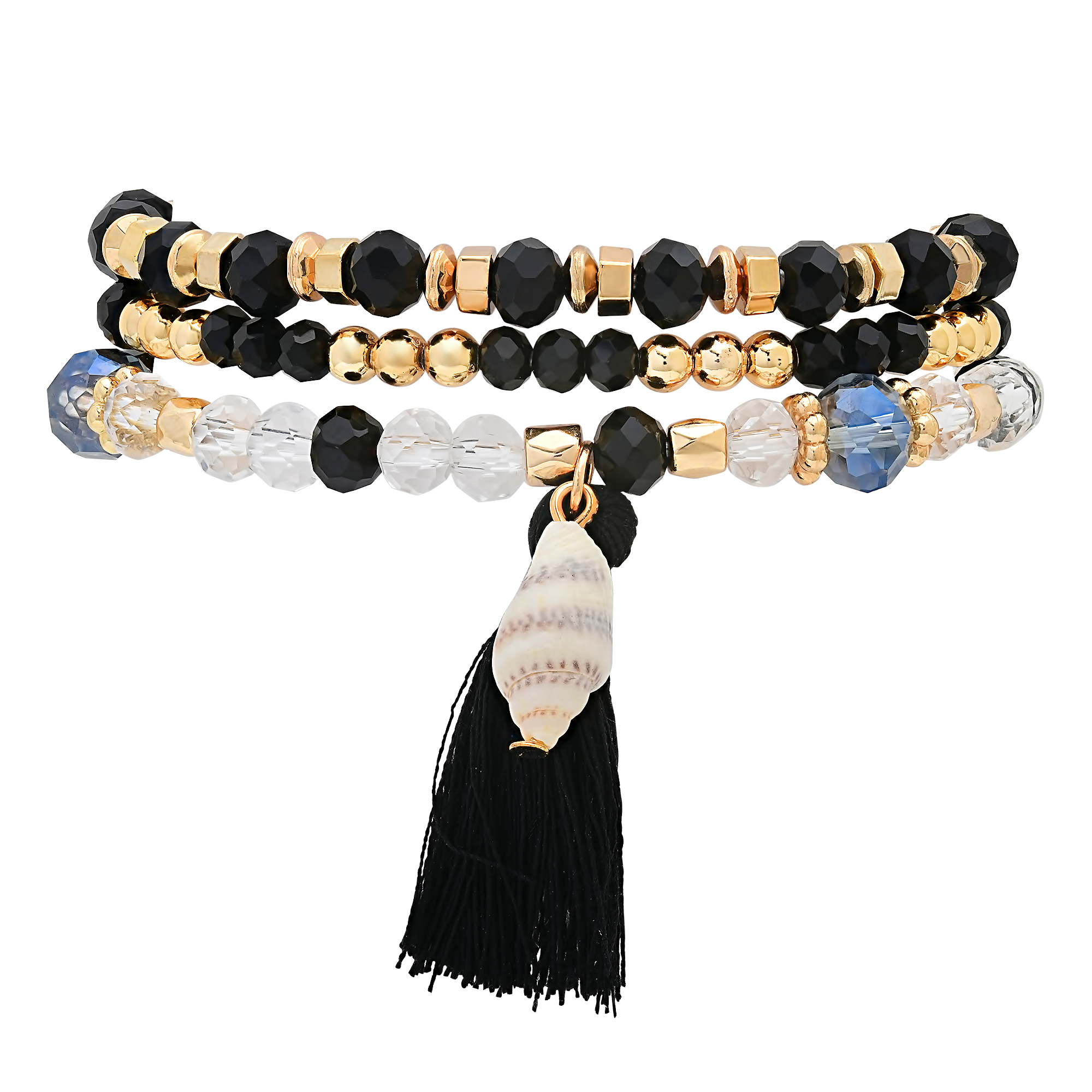 Stretch Beaded Bracelet Stack with Tassel & Shell Charm - Gallery 4