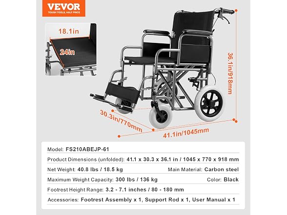 VEVOR Wheelchair, Carbon Steel
