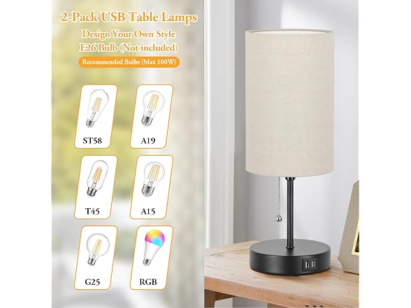 Lakumu  2 Sets Table Lamps with 2 USB, Black Metal