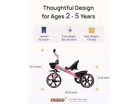 KRIDDO Toddler Tricycle, Tool-Free Trike, Pink