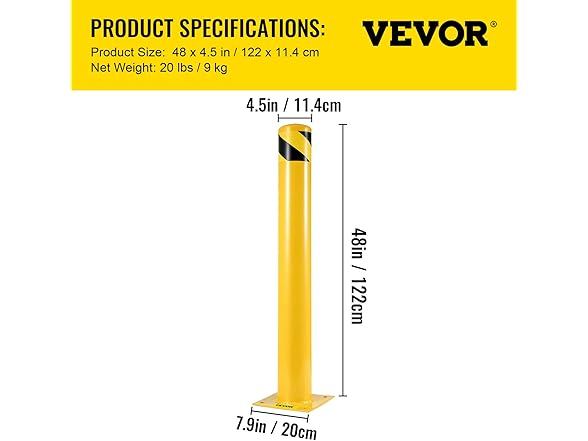 VEVOR Safety Bollard 48"x4.5" Safety Barrier Bollard 4-1/2" OD 48" Hei
