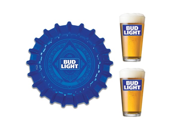 Bud Light Set w/ Bottle Cap Tray and Pint Glasses