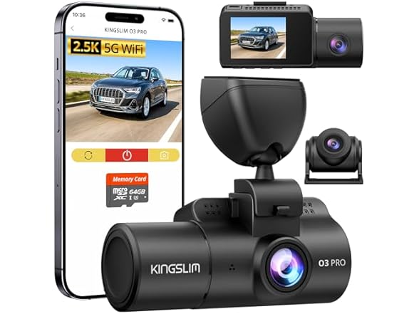 (NEW) Kingslim 3-Ch 5G Dash Cam with 64GB Card