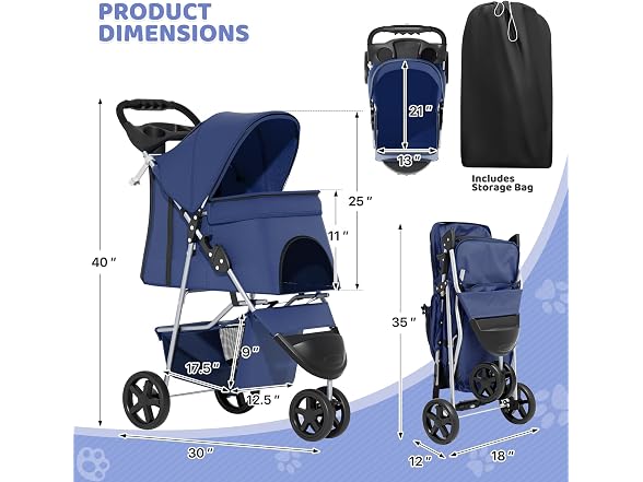 Magshion 3-Wheel Pet Stroller, Foldable Trave