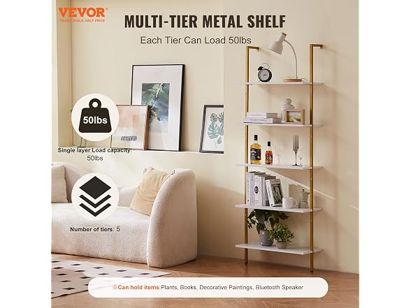Ladder Shelf, 5-Tier Bookshelf 24x11.8in White