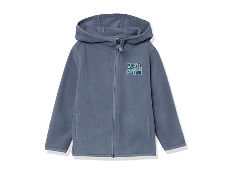 Amazon Essentials Disney | Marvel | Star Wars Boys' Polar Fleece Full-Zip Hooded Jacket, Marvel Comic Logo, Small