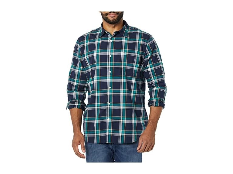 Amazon Essentials Men's Long-Sleeve Slim-Fit Stretch Poplin Shirt, Dark Green Navy Medium Plaid, Medium