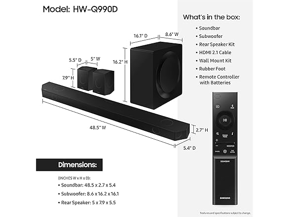 (NEW) Samsung HW-Q990D 11.1.4 Dolby ATMOS Soundbar w/Subwoofer