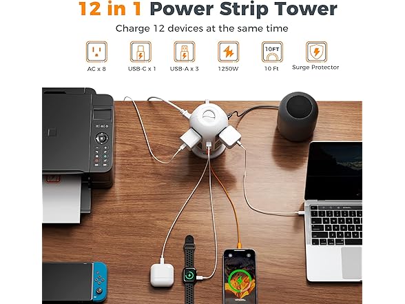 TESSAN 10ft Cord Power Tower (8 Outlets, 1 USB-C, 3 USB-A)