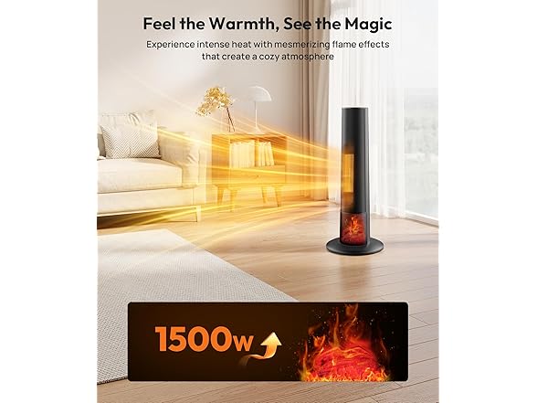 Rellytech Tower space heater with fireplace - Electric Space Heater Large Room with 3D Flame, Portable Tower Space Heaters for Office, Bedroom, 2 Modes, Thermostat, Tip-over Protection, Oscillation (Open Box)