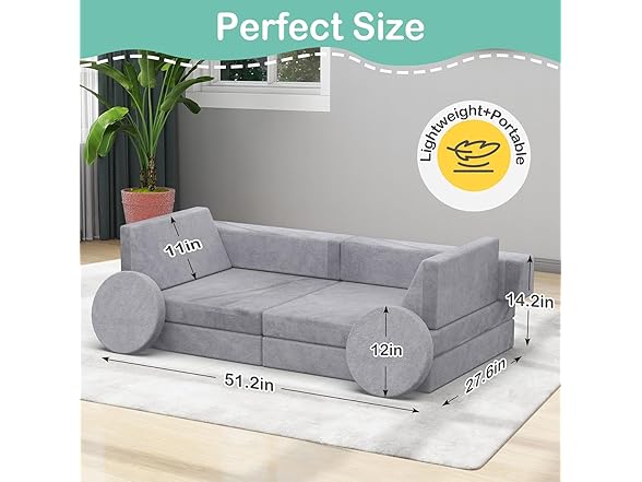 12PCS Modular Kids Play Couch, Gray