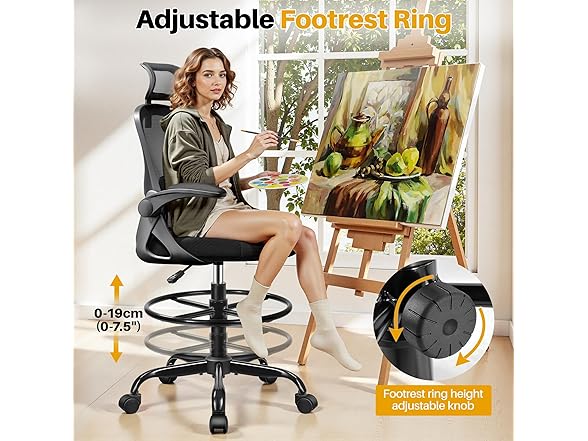 FINATI Drafting Chair, Tall Office Chair for Standing Desk, Ergonomic High Back with Headrest, Lumbar Support, Foot Ring and Flip-up Armrests, Black (Open Box)