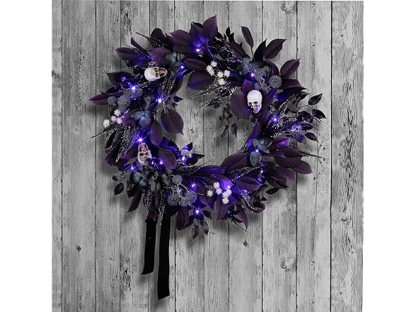 National Tree Company, 26inch Artificial Floral Mini Skull Wreath, 30 Purple LED Lights