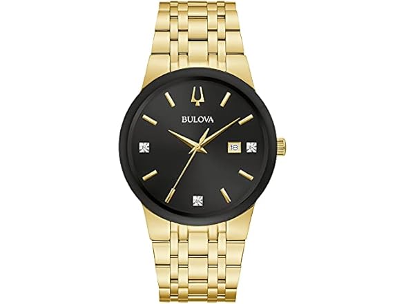 Bulova Men's Modern Gold Tone Stainless Steel 3-Hand Calendar Date Quartz Watch, Gold Tone Accents and Diamond Dial Style: 97D127 (Open Box)