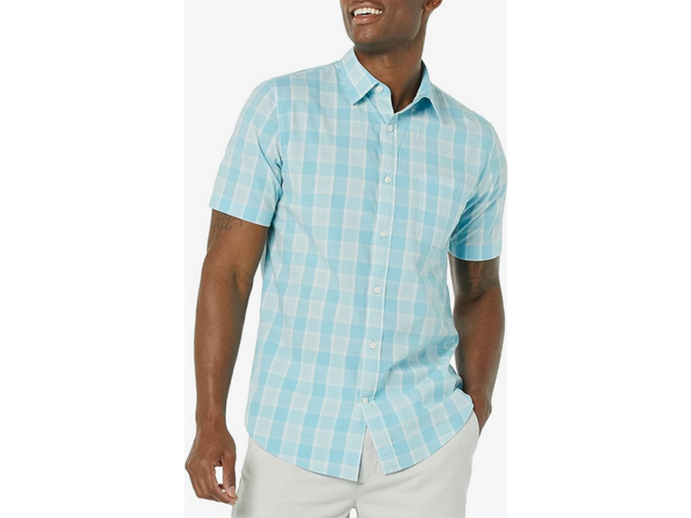 Amazon Essentials Men's Slim-Fit Short-Sleeve Poplin Shirt, Light Blue White Plaid, XX-Large
