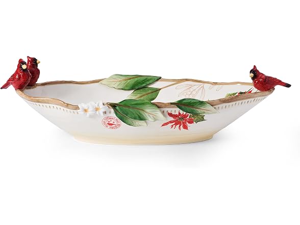 Fitz and Floyd Poinsettia Holiday Cardinal Centerpiece Serve Bowl