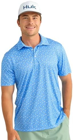 HUK Men's Standard Pursuit Pattern, Performance Short Sleeve Polo Shirt, Marolina Blue