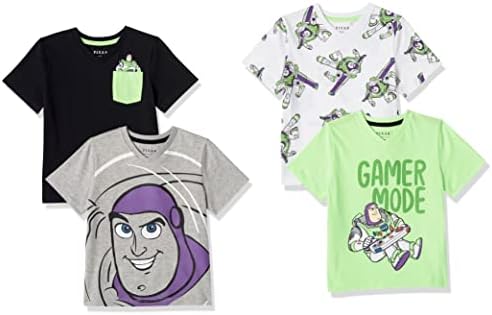 Amazon Essentials Disney | Marvel | Star Wars Boys' Short-Sleeve V-Neck T-Shirts, Pack of 4, Neon/Toy Story Friends, Large